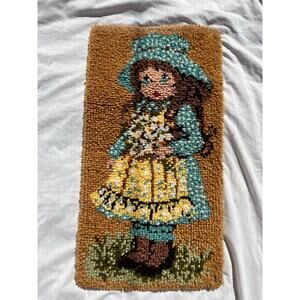 Sun Bonnet Girl with Bouquet Latch Hook Rug 18 x 35 Finished Complete 1970s